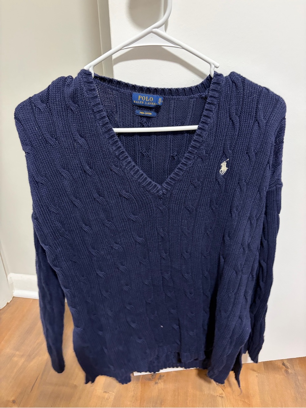 Ralph Lauren Navy Cable-Knit V-Neck Sweater with Polo Pony